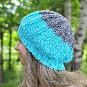 Handmade Aqua and Grey Hat, Crochet Toque Made in Canada